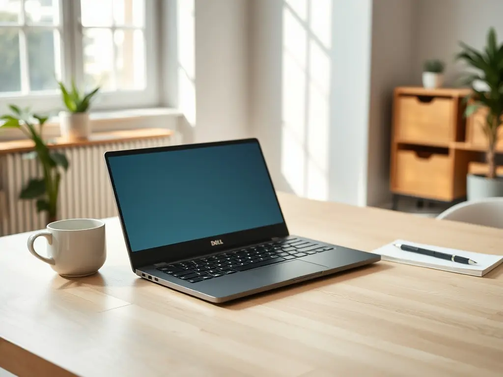 A detailed shot of the Dell XPS 13 laptop showcasing its sleek design, thin bezels, and premium build quality. The image highlights the laptop's portability and performance.