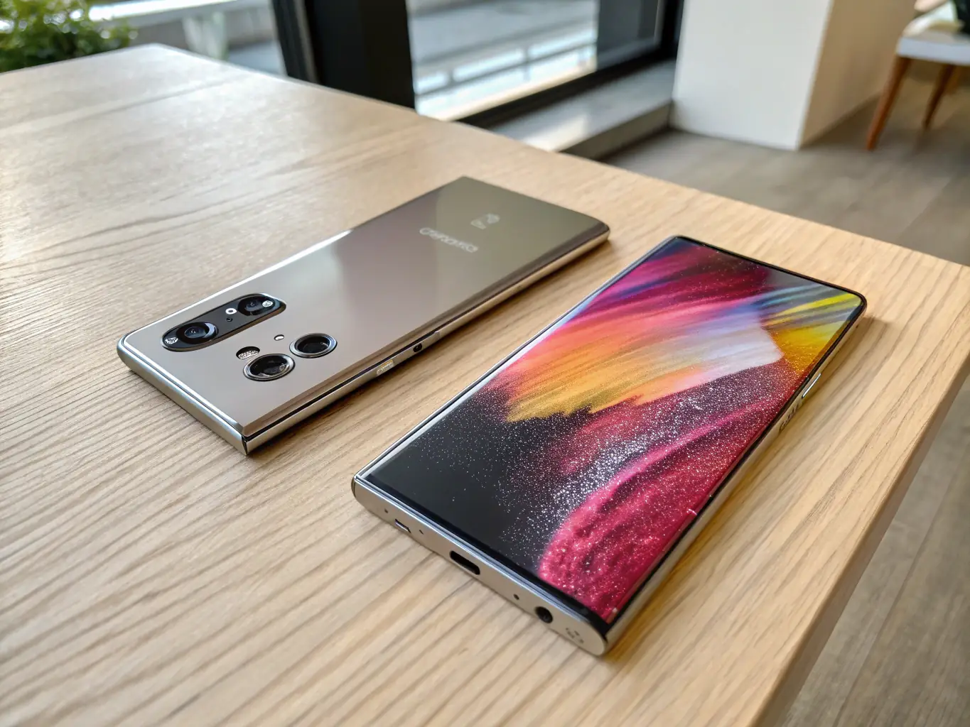 A detailed shot of the Samsung Galaxy S23 Ultra showcasing its large display, advanced camera system, and sleek design. The image highlights the phone's premium features and cutting-edge technology.